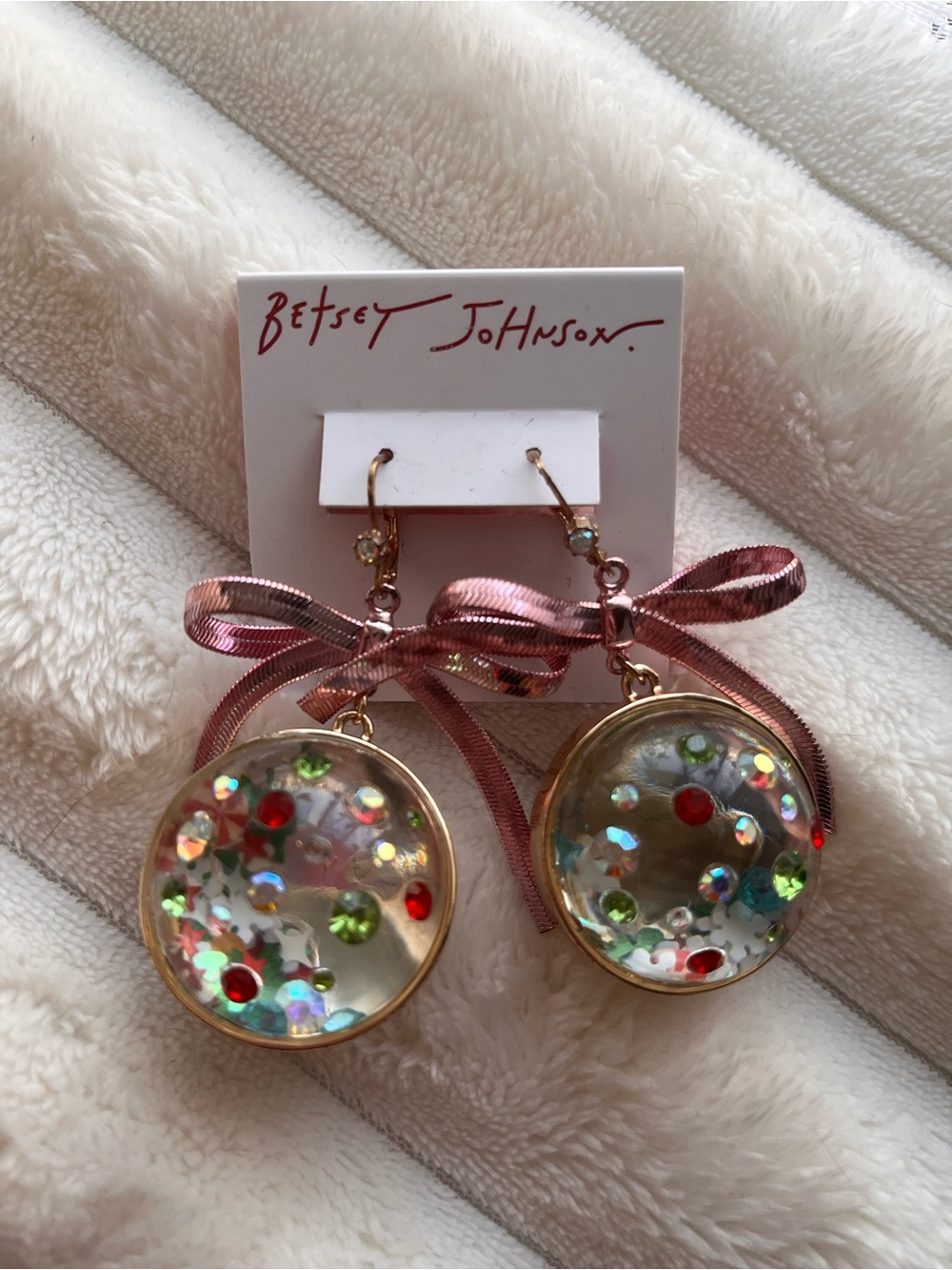 Betsey Johnson Pink Ribbon Confetti Snow Globe Ornament Earrings!